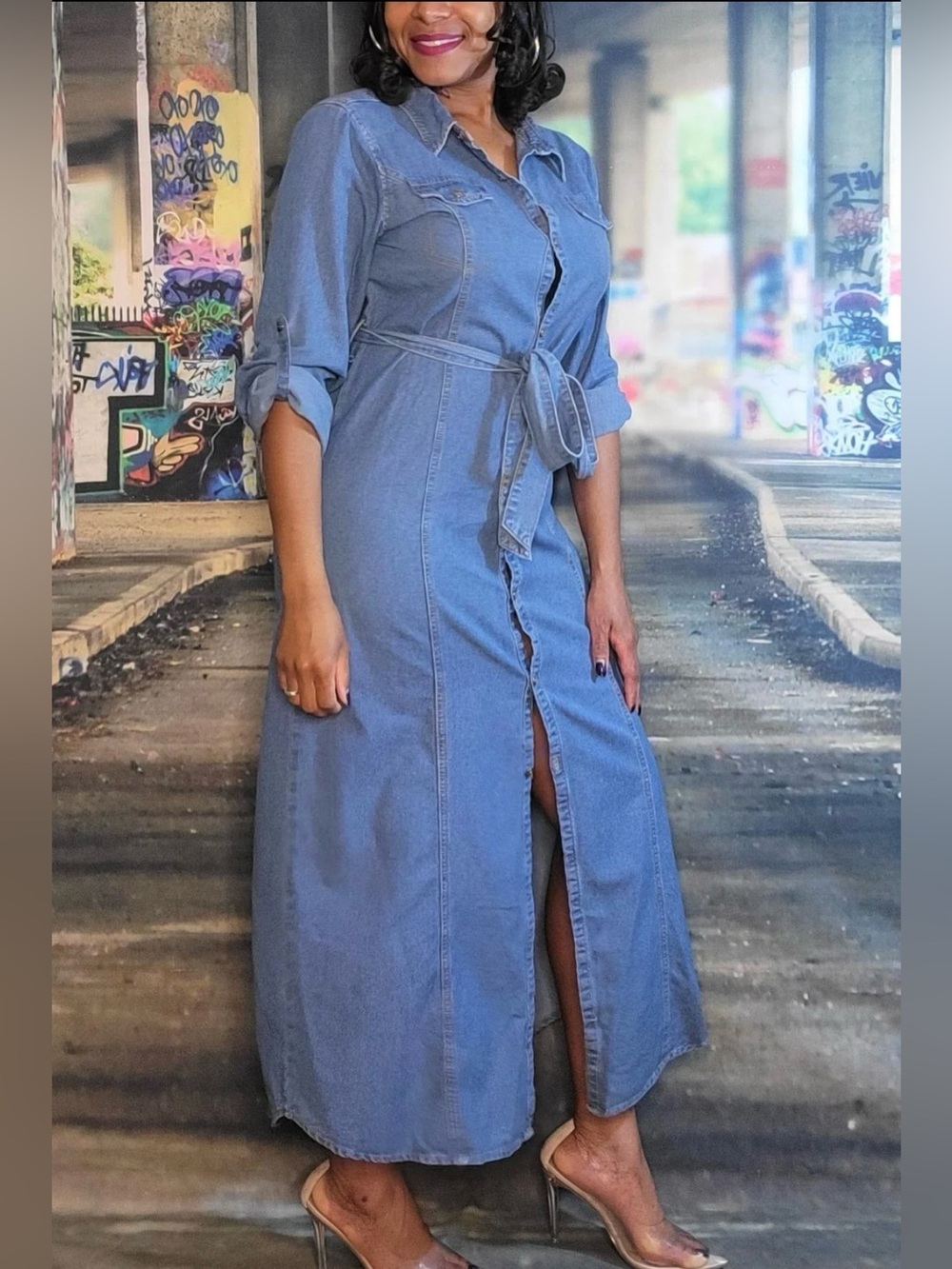 Hayden Blue Denim Maxi Shirt Dress with Tie Waist